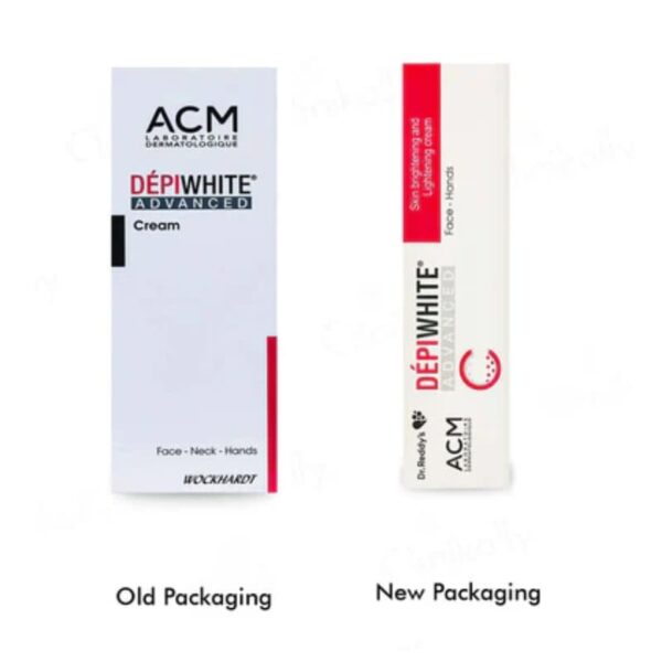 Side-by-side comparison of Depiwhite Advanced cream showing old packaging versus new packaging by ACM Laboratoire Dermatologique.