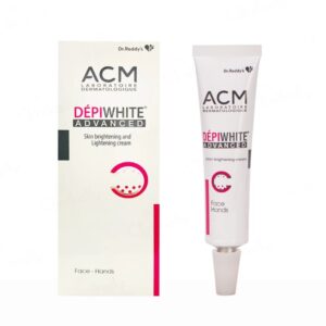 Depiwhite Advanced skin brightening cream tube displayed beside its box, suitable for face and hands, by ACM Laboratoire Dermatologique.