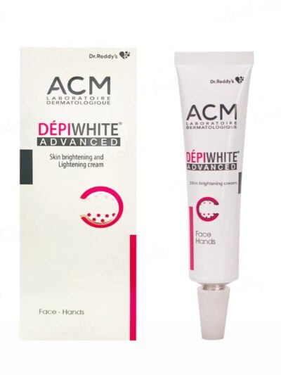 Depiwhite Advanced skin brightening cream tube displayed beside its box, suitable for face and hands, by ACM Laboratoire Dermatologique.