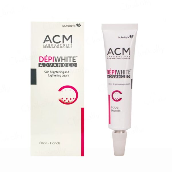 Depiwhite Advanced skin brightening cream tube displayed beside its box, suitable for face and hands, by ACM Laboratoire Dermatologique.