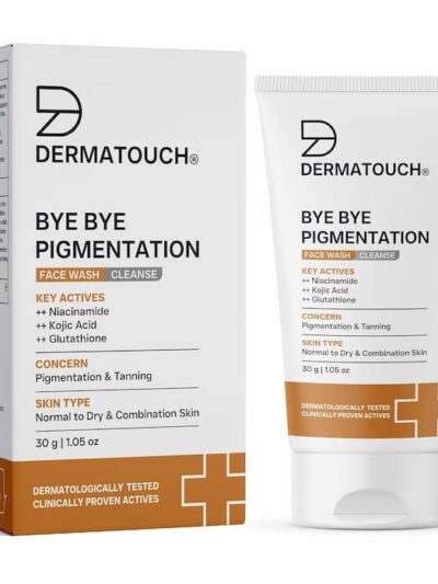 Dermatouch Bye Bye Pigmentation Face Wash tube and packaging featuring key actives like niacinamide, kojic acid, and glutathione for pigmentation and tanning.