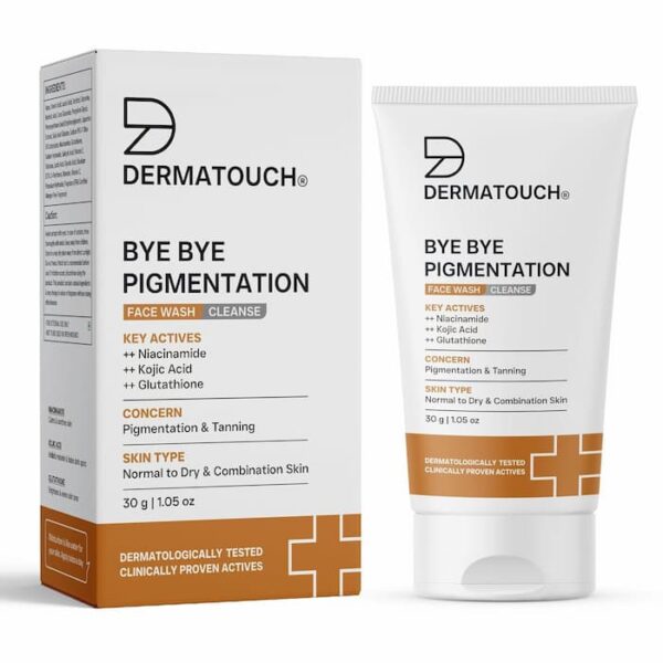 Dermatouch Bye Bye Pigmentation Face Wash tube and packaging featuring key actives like niacinamide, kojic acid, and glutathione for pigmentation and tanning.
