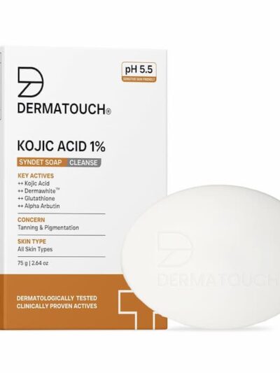 Dermatouch Kojic Acid 1% Syndet Soap bar displayed with its box showing key actives like kojic acid, dermawhite, glutathione, and alpha arbutin.