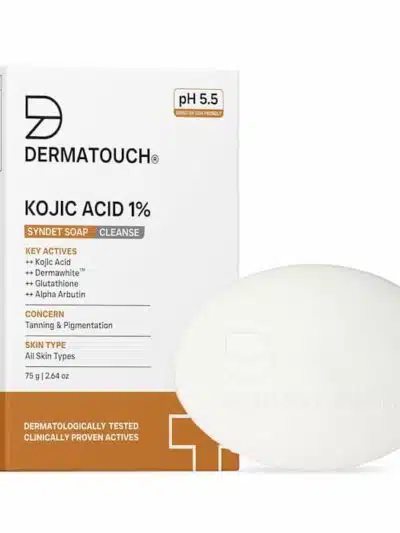 Dermatouch Kojic Acid 1% Syndet Soap bar displayed with its box showing key actives like kojic acid, dermawhite, glutathione, and alpha arbutin.