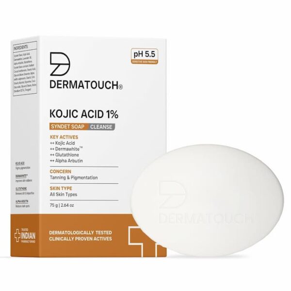 Dermatouch Kojic Acid 1% Syndet Soap bar displayed with its box showing key actives like kojic acid, dermawhite, glutathione, and alpha arbutin.