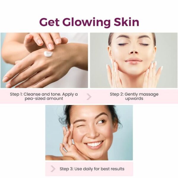 Step-by-step skincare guide showing applying a pea-sized amount, massaging upwards, and using daily for glowing skin.