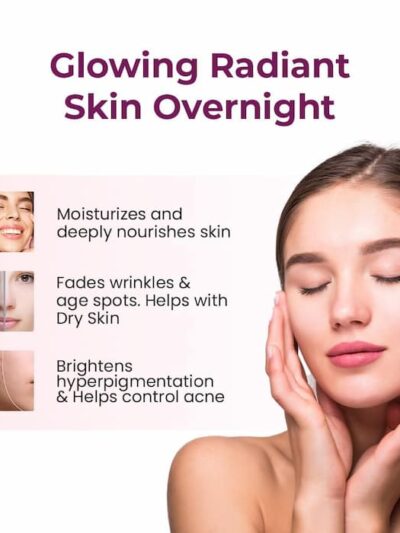 A woman with closed eyes beside text highlighting skincare benefits such as moisturising, reducing wrinkles, and brightening hyperpigmentation.