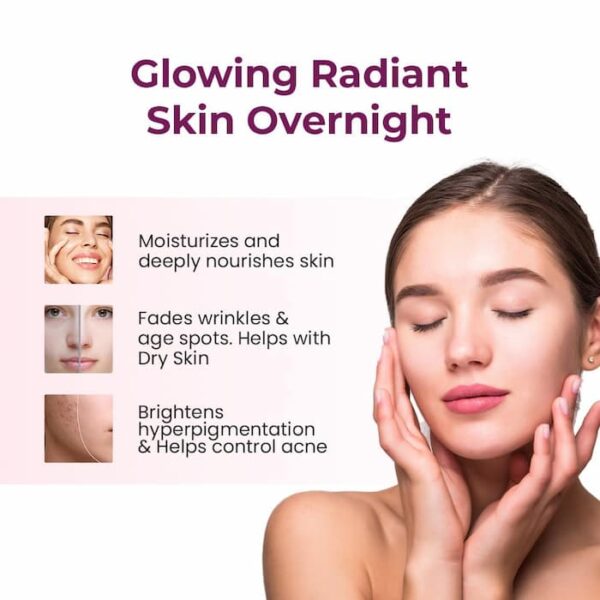 A woman with closed eyes beside text highlighting skincare benefits such as moisturising, reducing wrinkles, and brightening hyperpigmentation.