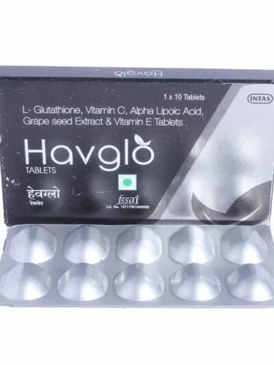 Havglo tablets blister pack placed in front of its outer box showing product name and key ingredients.
