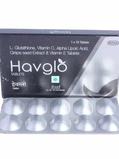 Havglo tablets blister pack placed in front of its outer box showing product name and key ingredients.