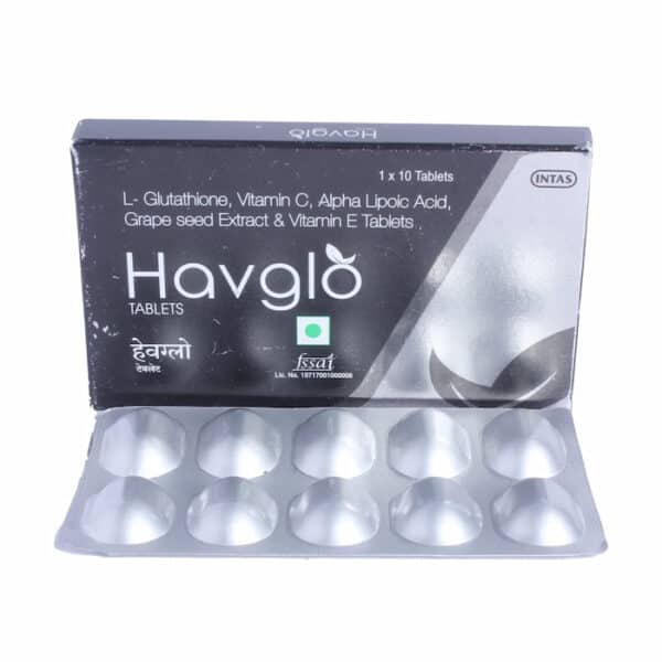 Havglo tablets blister pack placed in front of its outer box showing product name and key ingredients.