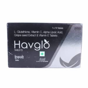 Front view of Havglo tablets box displaying L-glutathione, vitamin C, alpha lipoic acid, grape seed extract, and vitamin E formulation details. If you'd like a combined list, SEO-optimized titles, Shopify-ready format, or bulk processing, just let me know!