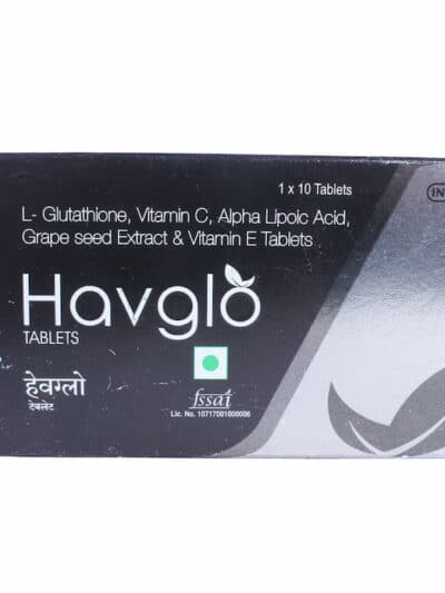 Front view of Havglo tablets box displaying L-glutathione, vitamin C, alpha lipoic acid, grape seed extract, and vitamin E formulation details. If you'd like a combined list, SEO-optimized titles, Shopify-ready format, or bulk processing, just let me know!