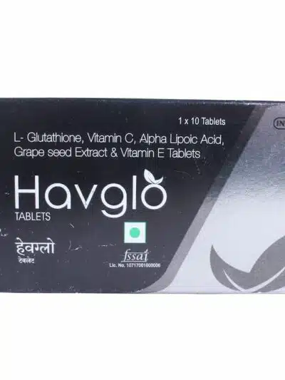 Front view of Havglo tablets box displaying L-glutathione, vitamin C, alpha lipoic acid, grape seed extract, and vitamin E formulation details. If you'd like a combined list, SEO-optimized titles, Shopify-ready format, or bulk processing, just let me know!