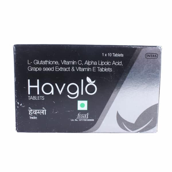 Front view of Havglo tablets box displaying L-glutathione, vitamin C, alpha lipoic acid, grape seed extract, and vitamin E formulation details. If you'd like a combined list, SEO-optimized titles, Shopify-ready format, or bulk processing, just let me know!