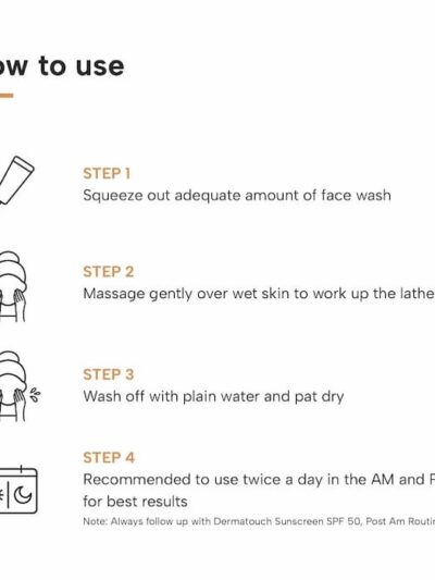 Step-by-step usage guide for Dermatouch Bye Bye Pigmentation Face Wash showing squeezing, massaging, rinsing, and twice-daily use.