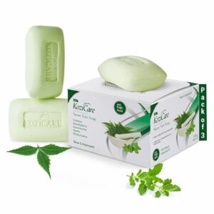 Kozicare Neem Tulsi Soap bars and packaging displayed with foam, neem leaves, and fresh tulsi for moisturising skin