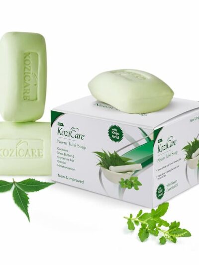 Kozicare Neem Tulsi Soap bars and packaging displayed with foam, neem leaves, and fresh tulsi for moisturising skin