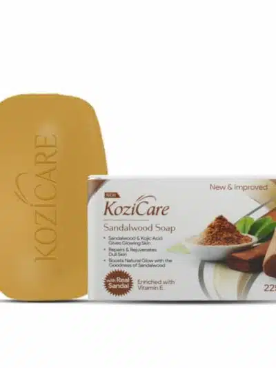 Kozicare Sandalwood Soap bar and packaging showing real sandalwood, kojic acid, and vitamin E for brightening and rejuvenating skin.