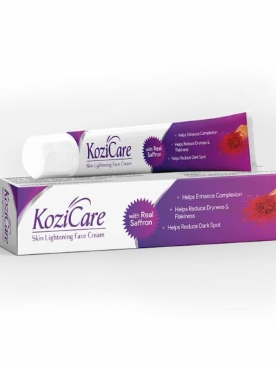Kozicare Skin Lightening Face Cream tube and box with saffron extract, promoting enhanced complexion and reduced dark spots.