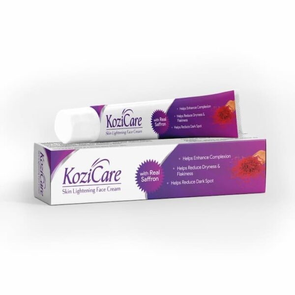 Kozicare Skin Lightening Face Cream tube and box with saffron extract, promoting enhanced complexion and reduced dark spots.