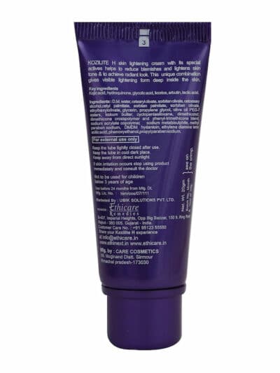 Back view of Kozilite H cream tube displaying key ingredients, usage warnings, manufacturing details, and storage instructions.
