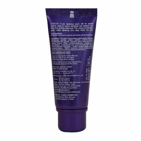 Back view of Kozilite H cream tube displaying key ingredients, usage warnings, manufacturing details, and storage instructions.