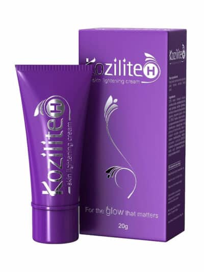 Kozilite H skin lightening cream tube displayed beside its box packaging, highlighting formulation for glowing and even-toned skin.