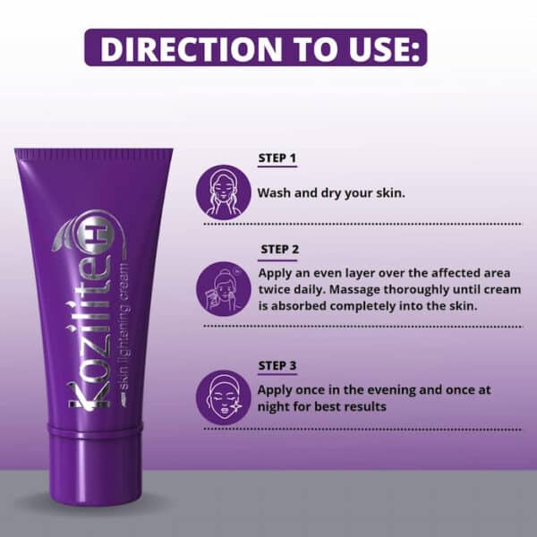 Kozilite H skin lightening cream shown with step-by-step instructions for washing, applying twice daily, and evening application.
