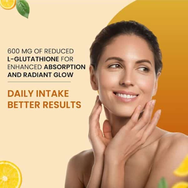 A woman smiling beside text promoting 600mg reduced L-Glutathione for better absorption and improved daily skin glow.