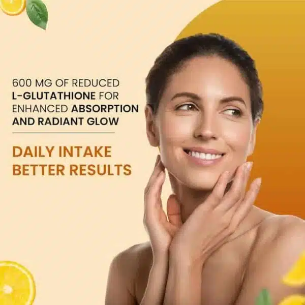 A woman smiling beside text promoting 600mg reduced L-Glutathione for better absorption and improved daily skin glow.