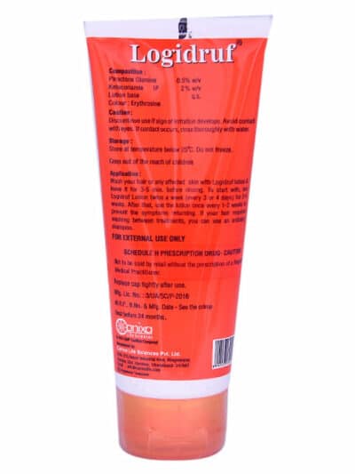 Back side of Logidruf piroctone olamine and ketoconazole lotion tube showing composition, cautions, and usage instructions.