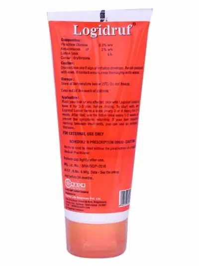 Back side of Logidruf piroctone olamine and ketoconazole lotion tube showing composition, cautions, and usage instructions.
