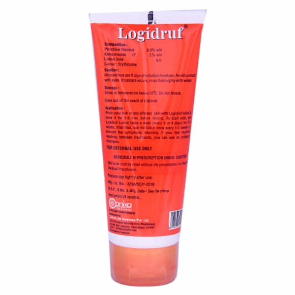 Back side of Logidruf piroctone olamine and ketoconazole lotion tube showing composition, cautions, and usage instructions.