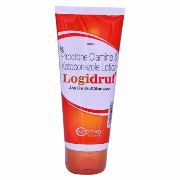 Front view of Logidruf piroctone olamine and ketoconazole anti dandruff shampoo tube.