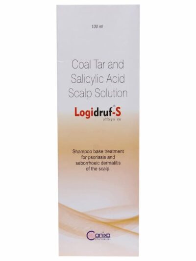 Front view of Logidruf S scalp solution outer box displaying product name and treatment information.