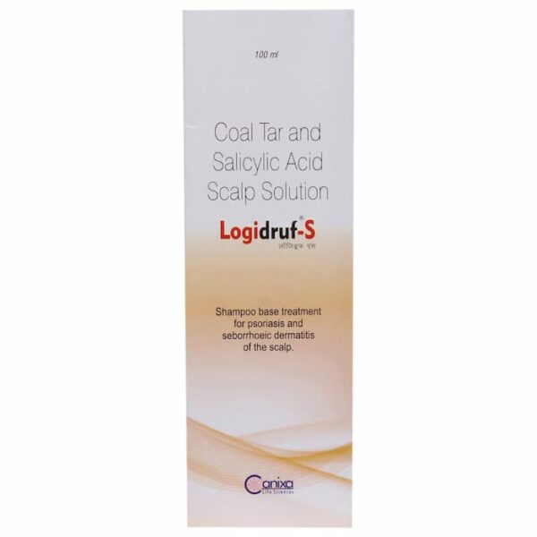 Front view of Logidruf S scalp solution outer box displaying product name and treatment information.