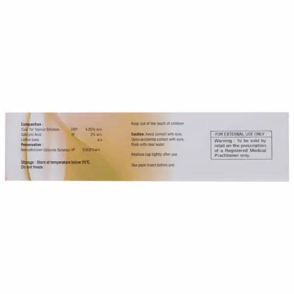 Back side of Logidruf S coal tar and salicylic acid scalp solution box showing composition, cautions, and storage details.
