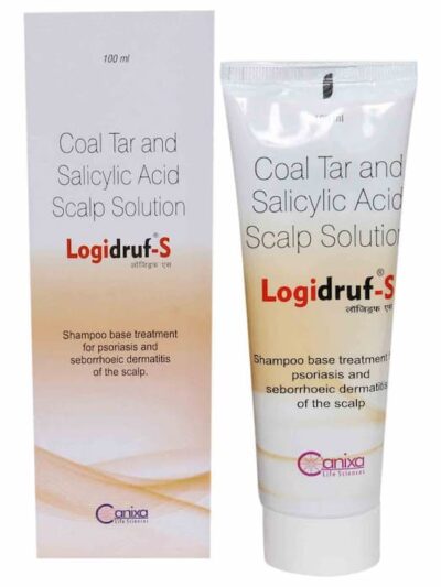 Logidruf S coal tar and salicylic acid scalp solution tube placed beside its outer packaging.