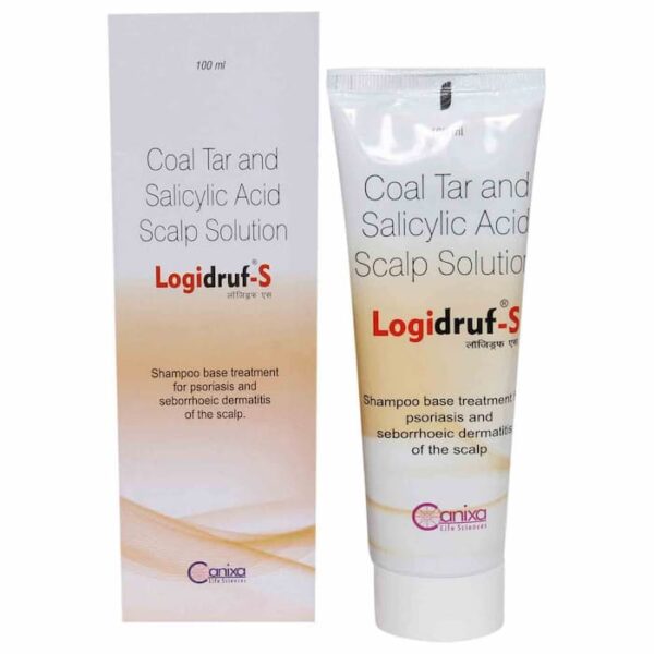 Logidruf S coal tar and salicylic acid scalp solution tube placed beside its outer packaging.