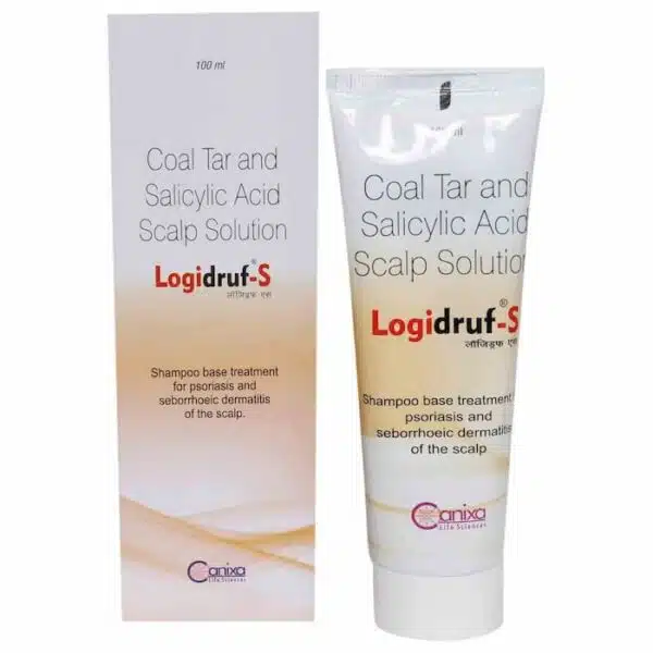 Logidruf S coal tar and salicylic acid scalp solution tube placed beside its outer packaging.