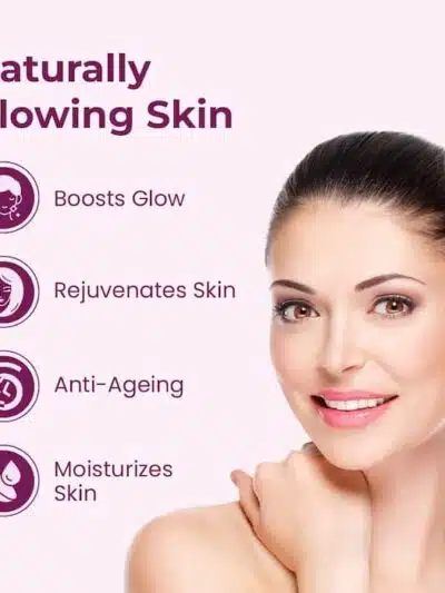 A woman with glowing skin promoting Kozicare Soap benefits such as boosting glow, rejuvenating skin, anti-ageing, and moisturising.