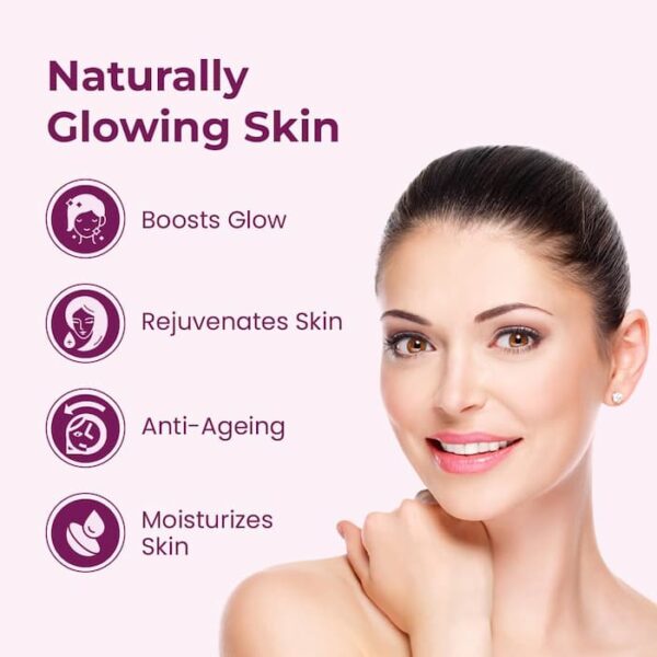 A woman with glowing skin promoting Kozicare Soap benefits such as boosting glow, rejuvenating skin, anti-ageing, and moisturising.