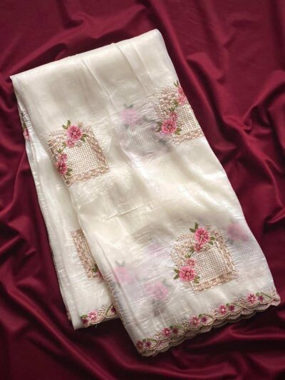 Paper Silk Crush Saree with Floral Embroidery Work