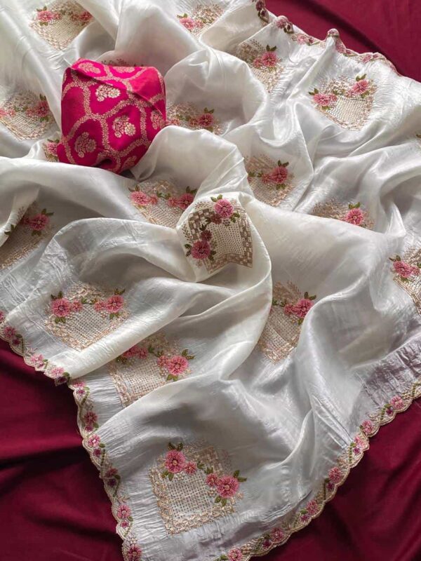 Paper Silk Crush Saree with Floral Embroidery Work