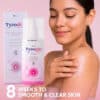 Woman applying Tyrodin lotion beside product bottle and box with text highlighting smooth and clear skin in 8 weeks.