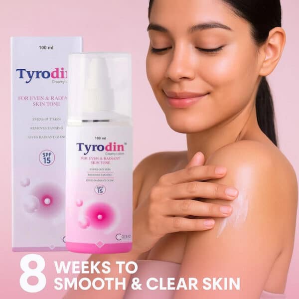 Woman applying Tyrodin lotion beside product bottle and box with text highlighting smooth and clear skin in 8 weeks.