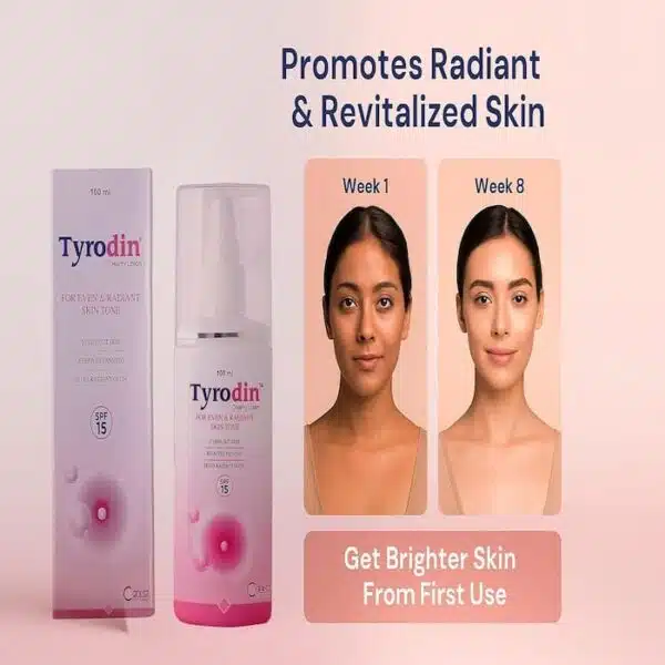 Tyrodin lotion with product box and comparison of Week 1 and Week 8 showing improved radiant skin tone.