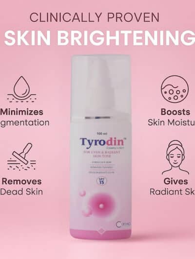 Tyrodin creamy lotion bottle with icons showing pigmentation reduction, dead skin removal, moisture boost, and radiant skin benefits.