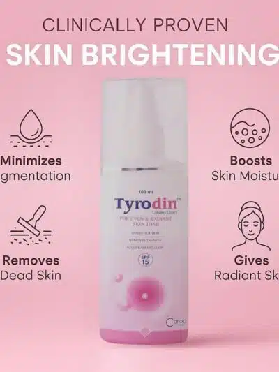 Tyrodin creamy lotion bottle with icons showing pigmentation reduction, dead skin removal, moisture boost, and radiant skin benefits.